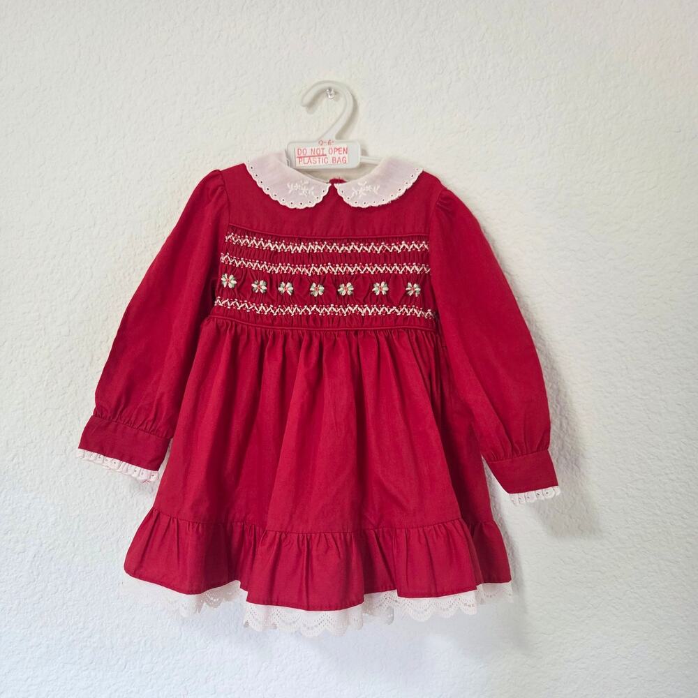 Vintage Polly Flinders Red Smocked Dress 12-18 months